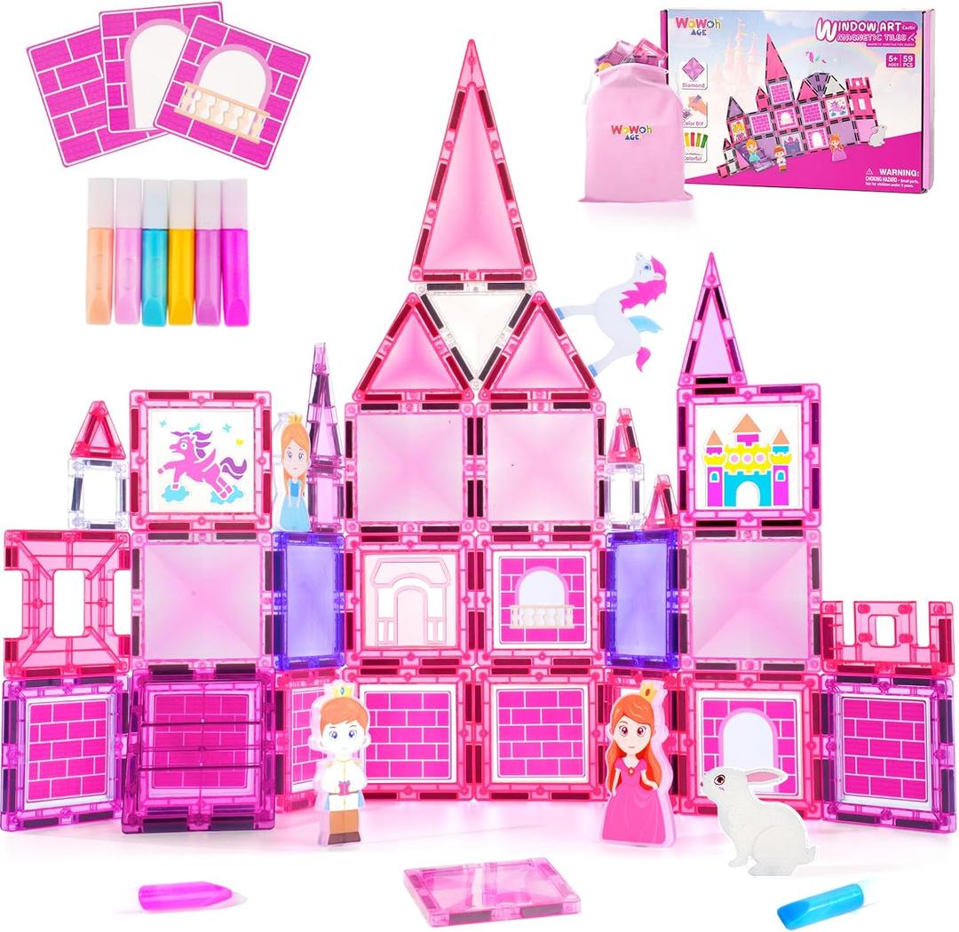 Magnetic Tiles for Kids 4-8, 3 5 Year Old Girl Gifts - Princess Castle Pretend Play Toys with DIY Painting Set and Stickers, STEM Learning Magnet Building Blocks Birthday for Girls Boy