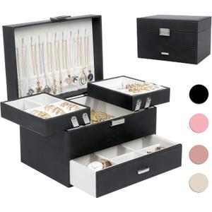 Dajasan Jewelry Boxes for Women Girls, Jewelry Organizer Box, 3 Layers Jewelry Storage Organizer for Earring, Ring, Necklace, Bracelets (Black)