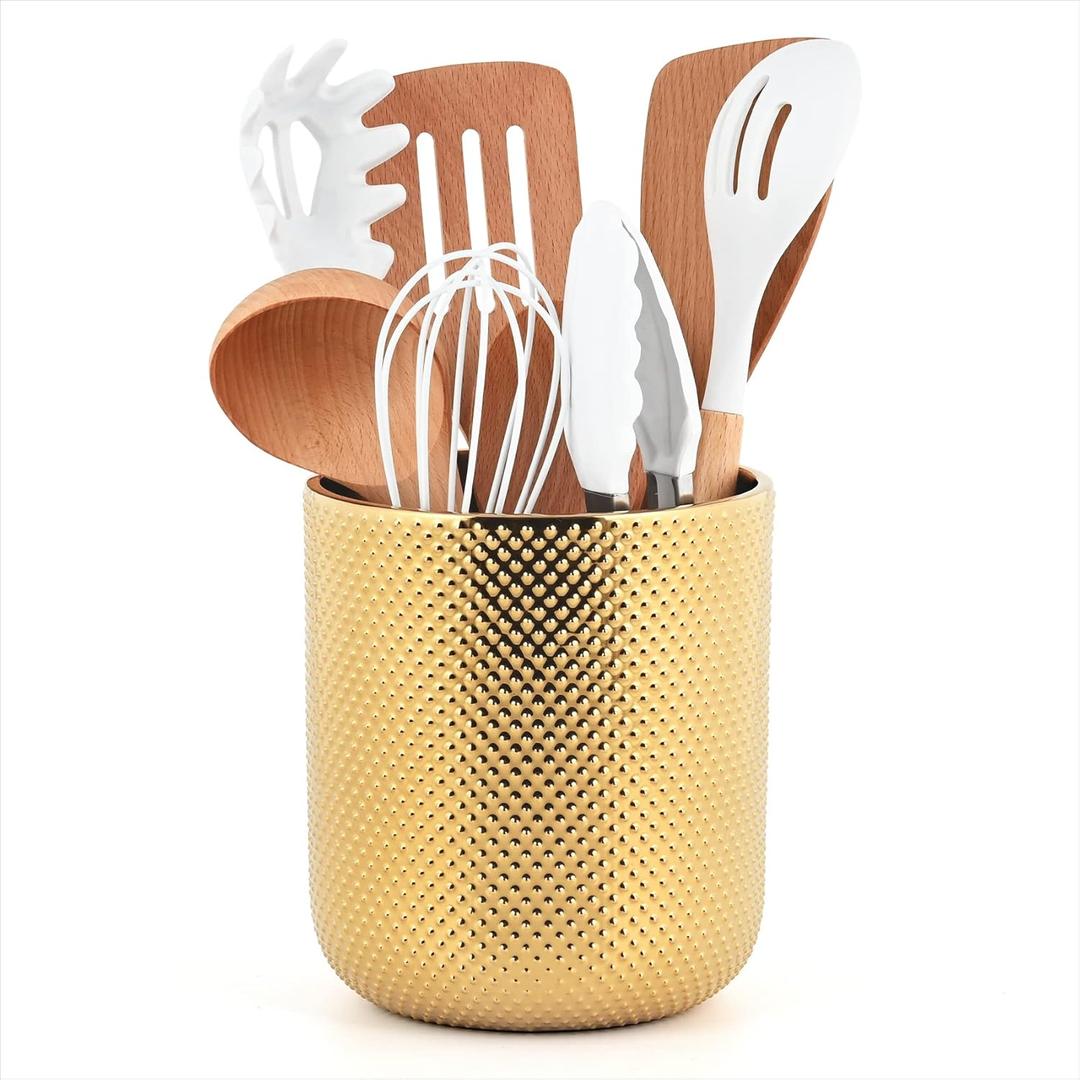 Ceramic Utensil Holder for Kitchen Counter, Gold Utensil Holder for Countertop, 5.1 W x 6.6 H inches