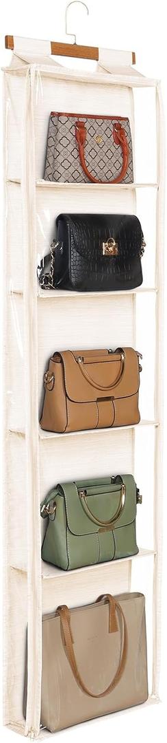 Syeeiex Hanging Handbag Purse Organizer with Zippers, 5 Mesh Shelves,Clear Slubbed Fabric+PVC Hanging Closet Bag Organizer, Dustproof Handbag Closet Tote Storage Bag for Door, Wardrobe, Beige, 16"L x 5.1"W x 59"H