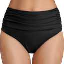 Tempt Me Women's High Waisted Bikini Bottom Tummy Control Ruched Bathing Suit Swim Bottom (Black, S)