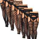 Jadive 6 Pairs Women Plus Size Fishnet Thigh High Stockings Suspender Garter Belt Lingerie Pantyhose Tights (X-Large-4X-Large, Black)