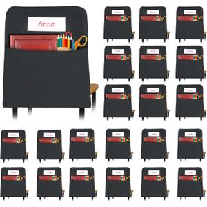 24 Pcs Black Chair Pockets for Classrooms, 20 X 17 Inch Seat Sacks for Classroom Chairs K-2 with Name Tag for Organizing Classroom Supplies Fits Students School Office College