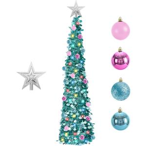 6FT Pop-Up Christmas Trees with Lights: Christmas Trees with 100 LED Lights - Collapsible Christmas Tinsel Trees Christmas Decorate for Home Apartment Room Holiday Party Inside Outside (Ice Blue)