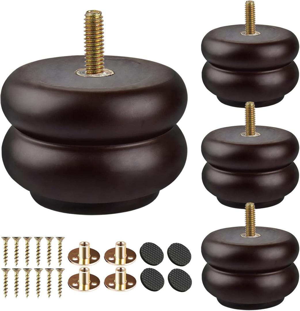 3 inch / 7cm Wooden Furniture Legs, Pack of 4 Classic Walnut Solid Wood Turned DIY Replacement Bun Feet with M8 Hanger Bolts & T-Nuts for Sofa Couch Cabinet Ottoman Bed Riser