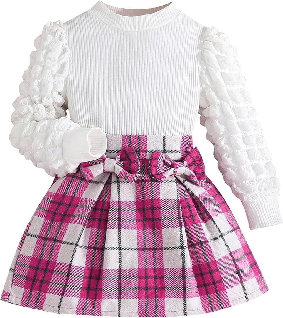 Toddler Girls Clothes Sets: Puff Sleeve Tops Plaid Mini Skirts Skirt Set 2 Piece Fall Winter Outfits 2-8 Years (Purple)