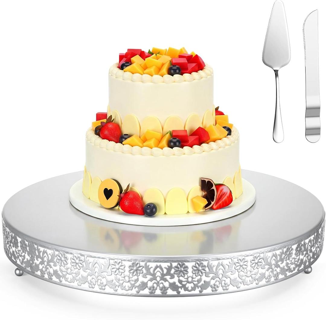 18 Inch Silver Cake Stand Set Metal Round Cupcake Dessert Stand with Cake Cutting, Flower Spatula Wedding Cupcake Pastry Display Candy Holder Display for Wedding Party Birthday Baby Shower