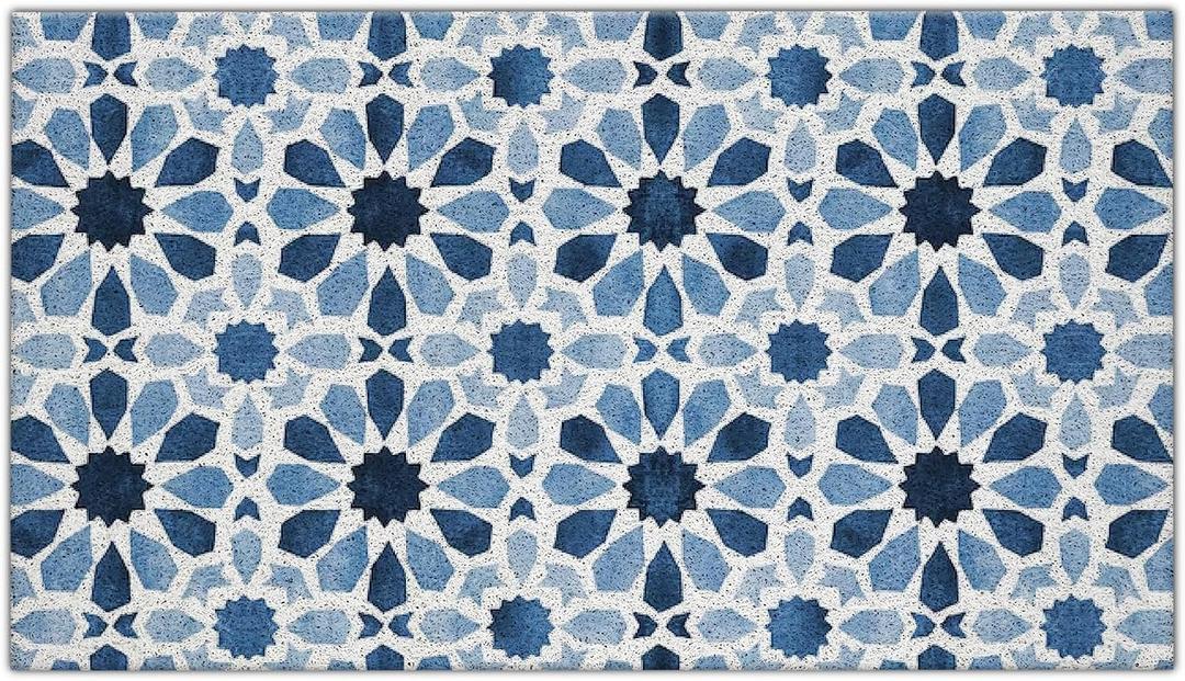Jvpke Blue Floral Moroccan Tile Door Mats Outdoor Entrance, Modern Blue and White Welcome Bath Mats for Front Door, 17x30 Inches