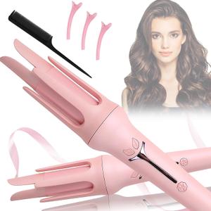 Automatic Curling Iron, Hair Curler Automatic Rotating, 1.25Inch Auto Rotating Curling Iron with 3 Temp& LCD Display,Ceramic Hair Curler Fast Heating Up Anti-Stuck Auto Shut-Off Dual Voltage (Pink)