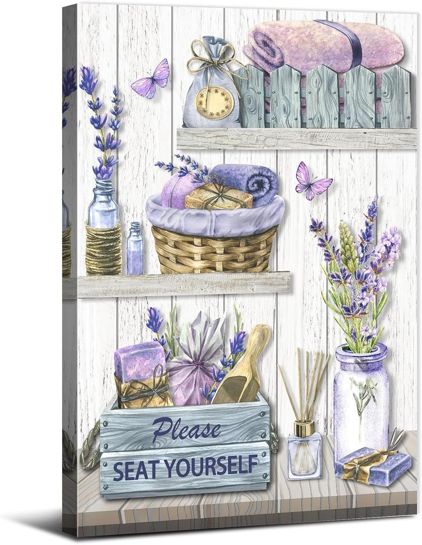 Purple Lavender Bathroom Wall Art Master Bathroom Picture Farmhouse Canvas Prints Rustic Retro Wall Decor Nature Country Flower Poster Artwork for Restroom Laundry Bath Home Decoration 16x24"