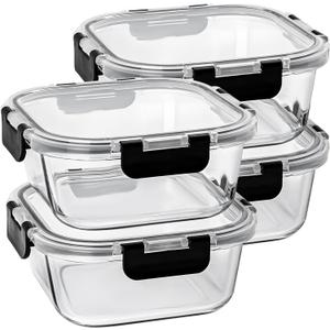 27 oz Glass Food Storage Containers with lids, 4 Pack Square Sandwich Containers/Box for Meal Prep, 3.3 Cup Glass Meal Prep Containers, Microwave, Oven, Freezer and Dishwasher, BPA-free