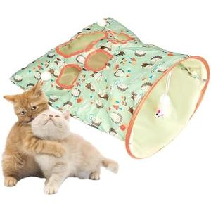 SYCOOVEN Cat Tunnel Bag for Indoor Cats, Pet Collapsible Tunnel Crinkle Sack Bag with 1 Little Mouse & Toy Ball, Crinkle Paper Interactive Cat Toys Hide and Seek(Green Pattern)