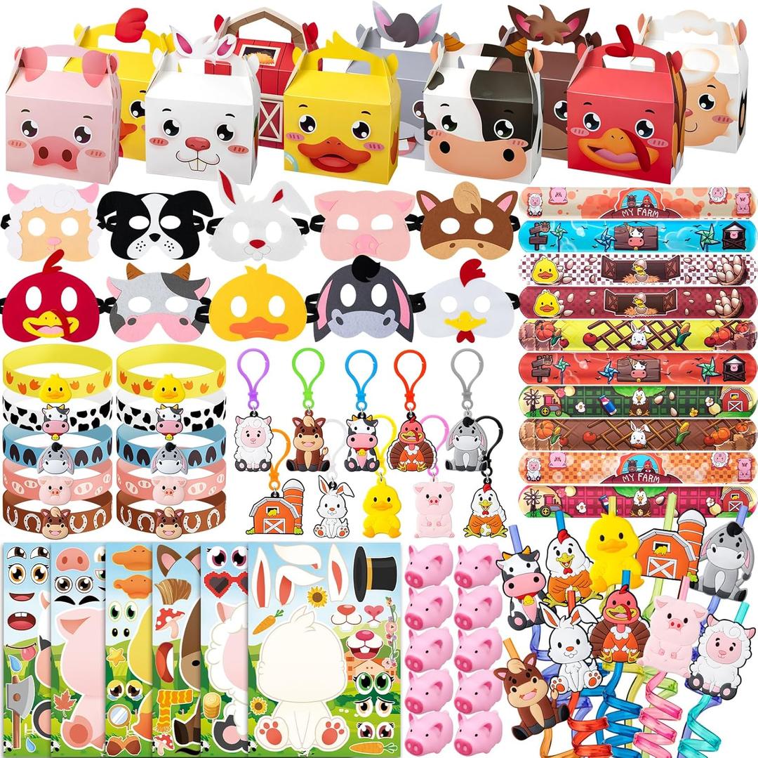 DMIGHT Farm Animals Birthday Party Favors Set 82 PCS Barnyard Animal Masks Sticker Keychains Straw Slap wristbands Rubber Pigs Gift for Kids Birthday Party Baby Shower Goodie Bag Filles Supplies