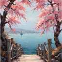 Nature Landscape Paint by Numbers Kit for Adults - DIY Cherry Blossom Path by The Sea Painting on Canvas, Acrylic Paint Set, Suitable for Beginners, Art for Home Decoration or Gifts(8X12IN Framed)