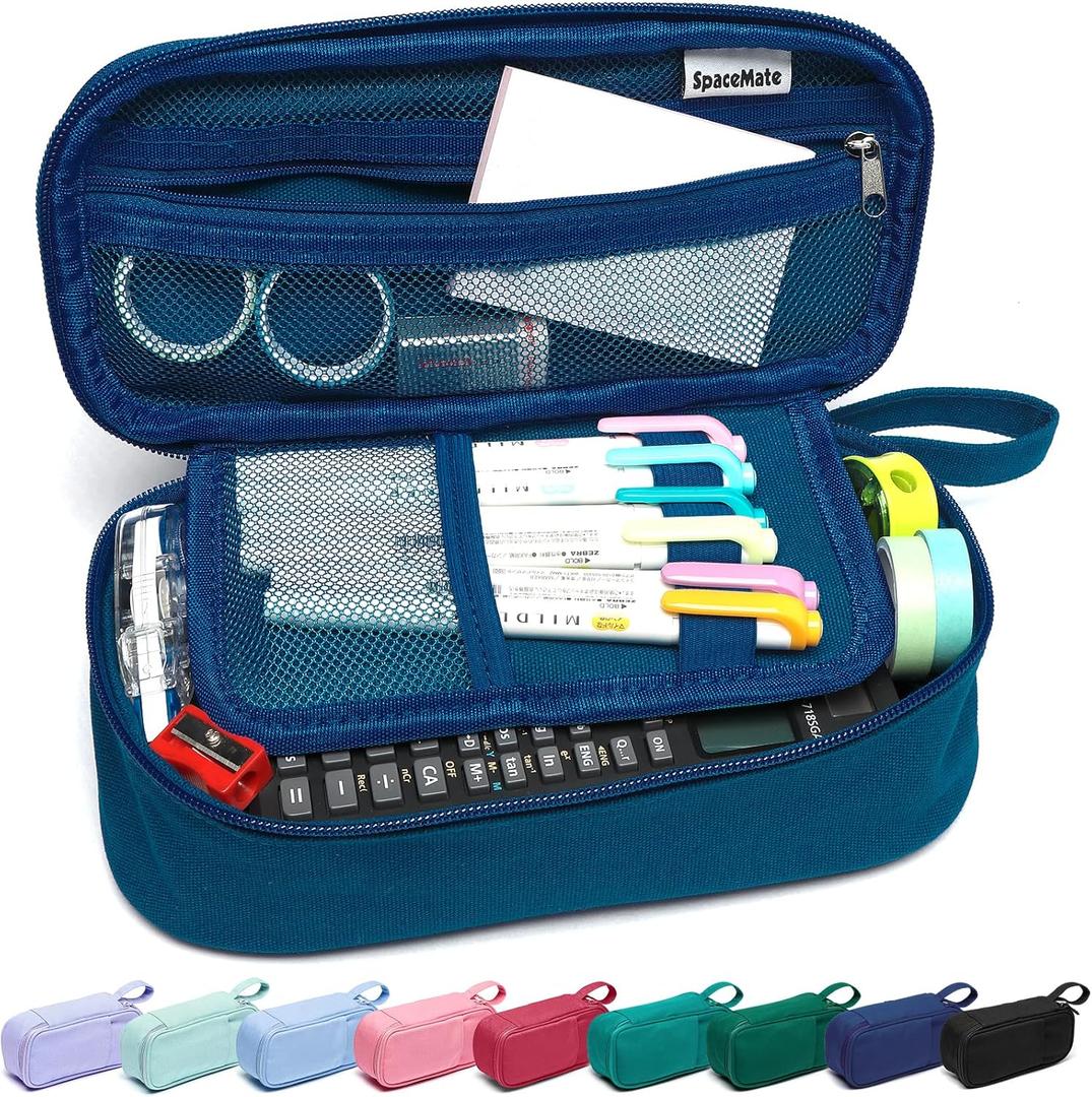 SPACEMATE Pencil Case Pouch Box Bag School Supplies Girls Boys Kids, Cute Preppy Stuff Large Big Capacity Aesthetic Pen Organizer, Back to College Stationary, Midnight Blue, Heavy Duty Canvas, 1800ml