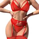 popiv Women's Sexy Lingerie Set with Garter Belt Matching Bra and Panty Lingeries Sets 4 Piece (Red, XL)