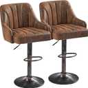 VECELO Bar Stools Set of 2, Adjustable Counter Height Barstools with Back and Arm, Swivel Bar Chair Stools for Kitchen Counter Island Cafe Dining Room, Industrial Style, Brown