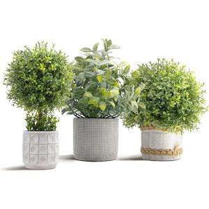 3 Pack Fake Plants in Cement Planter, Small Artificial Plants Indoor, Faux Boxwood Topiary Plants for Home Bathroom Kitchen Farmhouse Office Shelf Desk Room Decor