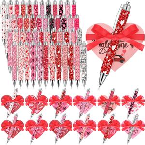 Tenceur 144 Pcs Valentine's Day Cards with Pens and Ribbons Bulk, Valentine's Day Gift Set, Heart Shaped Greeting Card Ballpoint Pen for Office Supplies Exchange Gift Party Favors