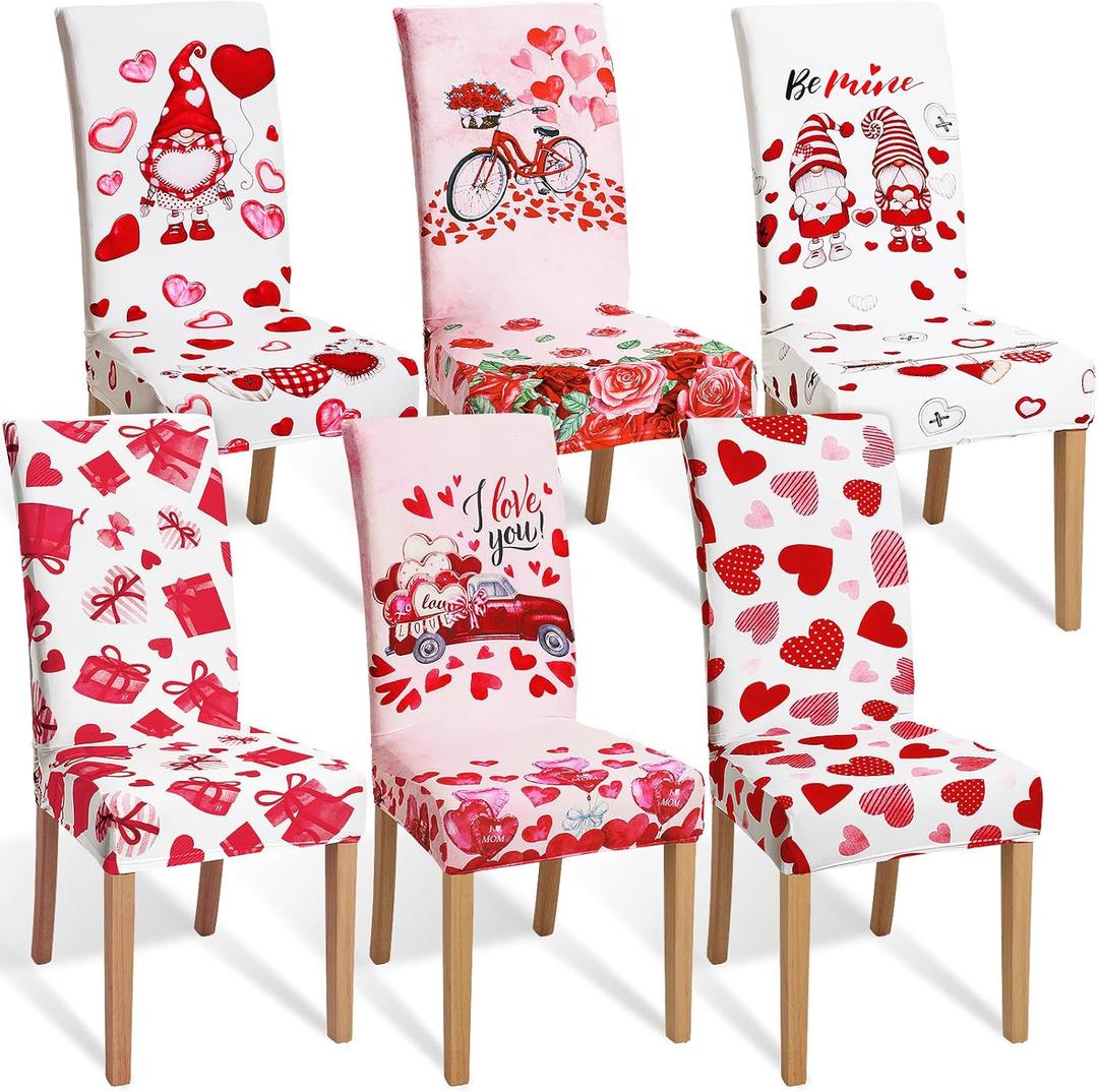 Hosuly 6 Pcs Valentine's Day Chair Covers Valentine's Day Print Red Pink Heart Gnome Truck Removable Seat Covers for Home Restaurant Decor or Hotel Restaurant Party Banquet