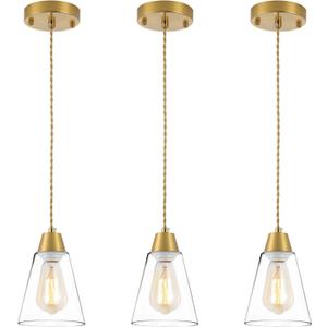 MWZ Gold Pendant Light 3 Pack,Brass Pendant Lights Kitchen Island, Dining Room Lamp Fixtures Over Table with Clear Glass Shade, Modern Mini Chandeliers,Adjustable Cord Hanging Lighting for Sink