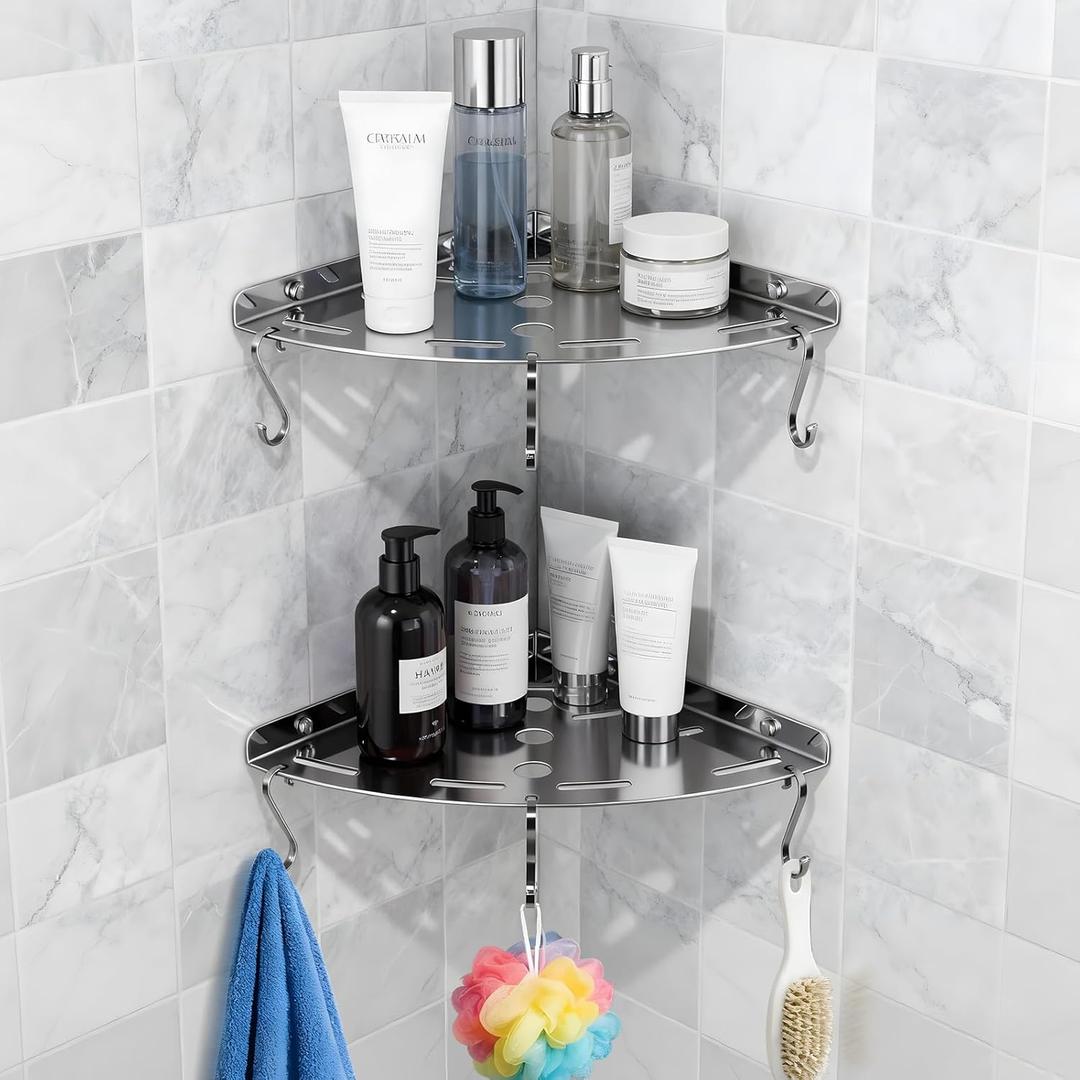 2 Pack Corner Shower Shelves, 304 Stainless Steel Corner Shelf Bathroom with 6 Hooks 40 lbs Heavy Duty, Durable for Inside Shower Brushed Nickel Drilling Installation