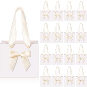 Kolldenn Set of 50 No DIY Small Gift Bags with Beige Bow Ribbon 4''x2.7''x4.5'' Mini White Paper Thank You Bags Bulk with Handle for Baby Shower Wedding Party Favor Birthday Return Guests