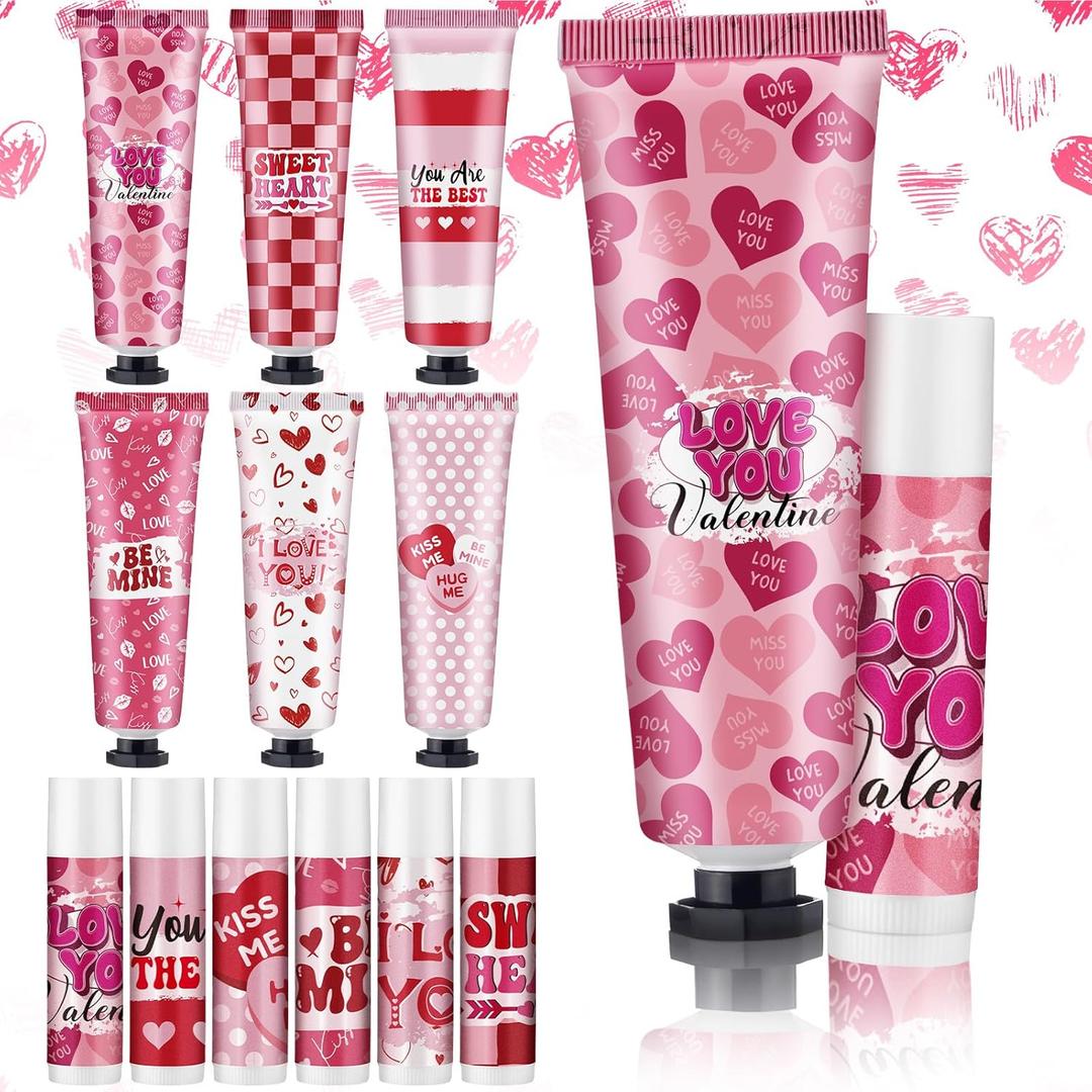 Loopeer 6 Sets Valentine's Day Hand Cream Lip Balm Gifts Bulk Galentine's Day Gift Valentine Party Favor Moisturizing Heart Hand Lotion Bulk Mini Dry Cracked Care Cream for Women Teacher Coworker
