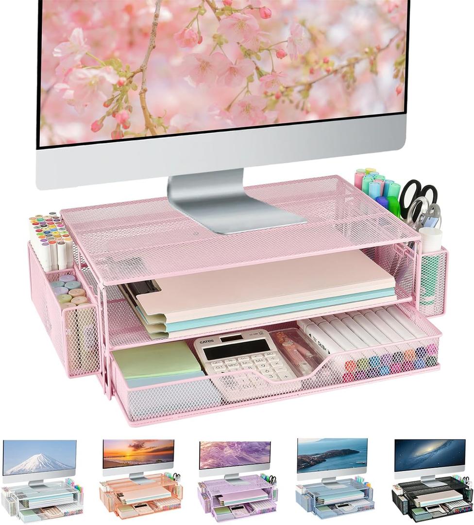 AUPSEN Computer Monitor Stands with Drawers and 2 Pen Holder, Desk Accessories & Workspace Desk Organizers, Monitor Stand for Computer, Laptop, Printer, Office Supplies,(Pink)