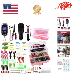 3-Layer Pink Fishing Tackle Box with Tackle Included, Fishing Tools Kit Inclu...