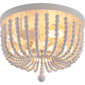 Q&S White Boho Beaded Chandeliers Flush Mount Ceiling Light,3-Lights Small Chandelier Light Fixture for Bedroom, Kitchen, Dining Room, Living Room, Stairway Gazebo