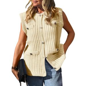 Saodimallsu Womens Sleeveless Sweater Vest Button Up Cable Knit Crew Neck Trendy Casual Loose Summer Cardigan (Medium, Beige)