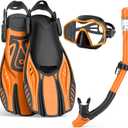 Snorkeling Gear for Adults,Mask Fins Snorkel Set,Panoramic View Diving Mask Anti-Fog,Dry Snorkel,Adjustable Swim Flippers and Travel Bag,Adults Snorkel Gear for Swimming Snorkeling Diving (ML/XL, Orange)