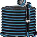 Non-Expandable Garden Hose 100feet, Flexible Water Hose with 10 Function Hose Nozzle, Lightweight, Tangle Free, Rust Proof for Yard (Black+Blue)