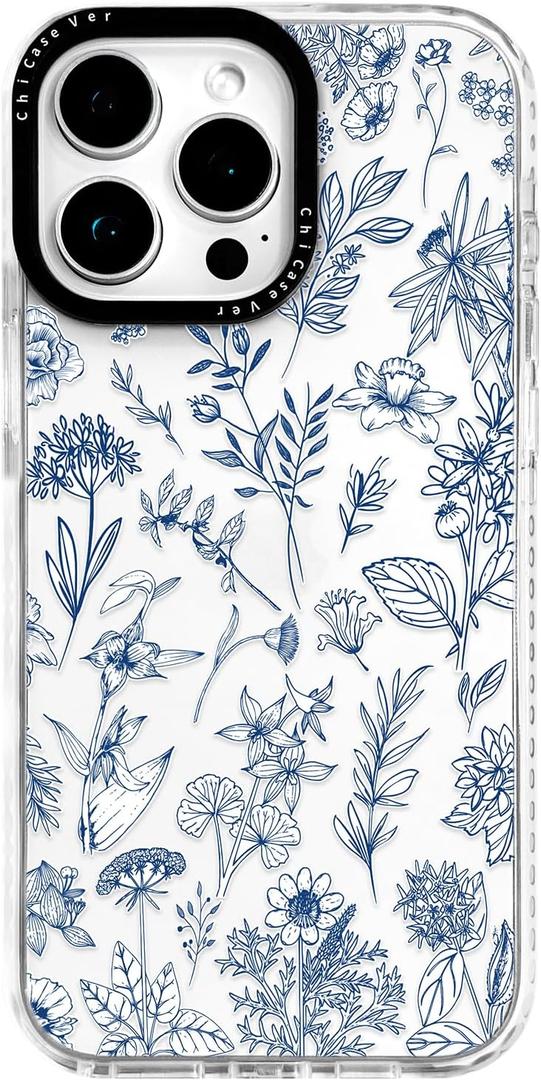 for iPhone 14 Pro Case, Vintage Botanical Pattern with Blue Flowers, Military-Grade Drop Protection, Elegant Soft Slim TPU Protective Cover with Camera Lens Protection for Women & Girls