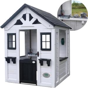 Backyard Discovery Sweetwater White Cedar Wooden Kids Playhouse Cottage with Play Kitchen, Snack Bar, Half Door, Toy Phone, Windows, Flowerpot Holders, Working Doorbell for Outdoor Imaginative Play Backyard Discovery Sweetwater White Cedar Wooden Kids Playhouse Cottage with Play Kitchen, Snack Bar, Half Door, Toy Phone, Windows, Flowerpot Holders, Working Doorbell for Outdoor Imaginative Play