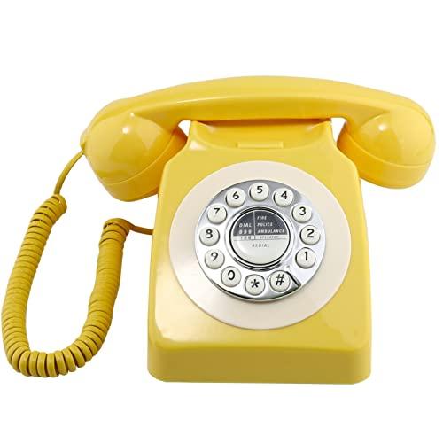 Sangyn Retro Landline Telephone Classic Vintage Corded Phone Old Fashioned Dial Button Desk Phone with Redial Function for Home Office, Yellow