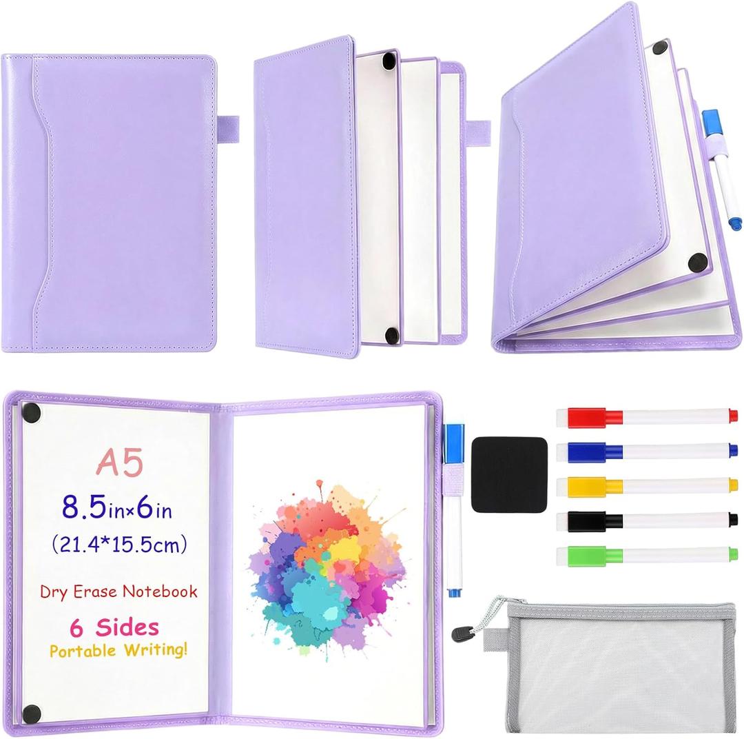 6 Sides Dry Erase Notebook Portable Whiteboards Notebook 9"x6"(a5) Small Reusable Whiteboard Notepad Foldable Anti-ghosting Surface, Travel White Board for Office Study Meeting Planning (Purple)