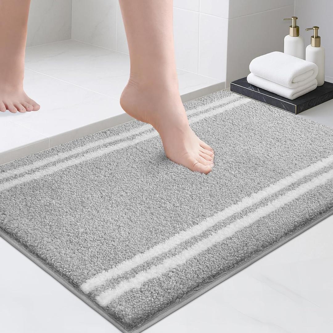 PURRUGS Bathroom Rug Non-Slip Machine Washable 20" x 30", Super Absorbent and Quick Dry Shaggy Microfiber Bath Mat, Extra Soft and Plush Bath Rug for Bathtub, Shower, and Sink, Light Grey