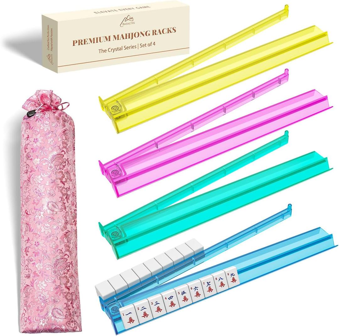 Mahjong Racks with Pushers - Set of 4 Clear Acrylic Mahjong Racks and Bag for American Mahjongg Accessories