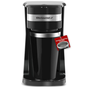 Elite Gourmet EHC114 Personal SingleServe Compact Coffee Maker Brewer Includes 14Oz. Thermal Travel Mug with Stainless Steel Interior, Compatible with Coffee Grounds, Reusable Filter, Black