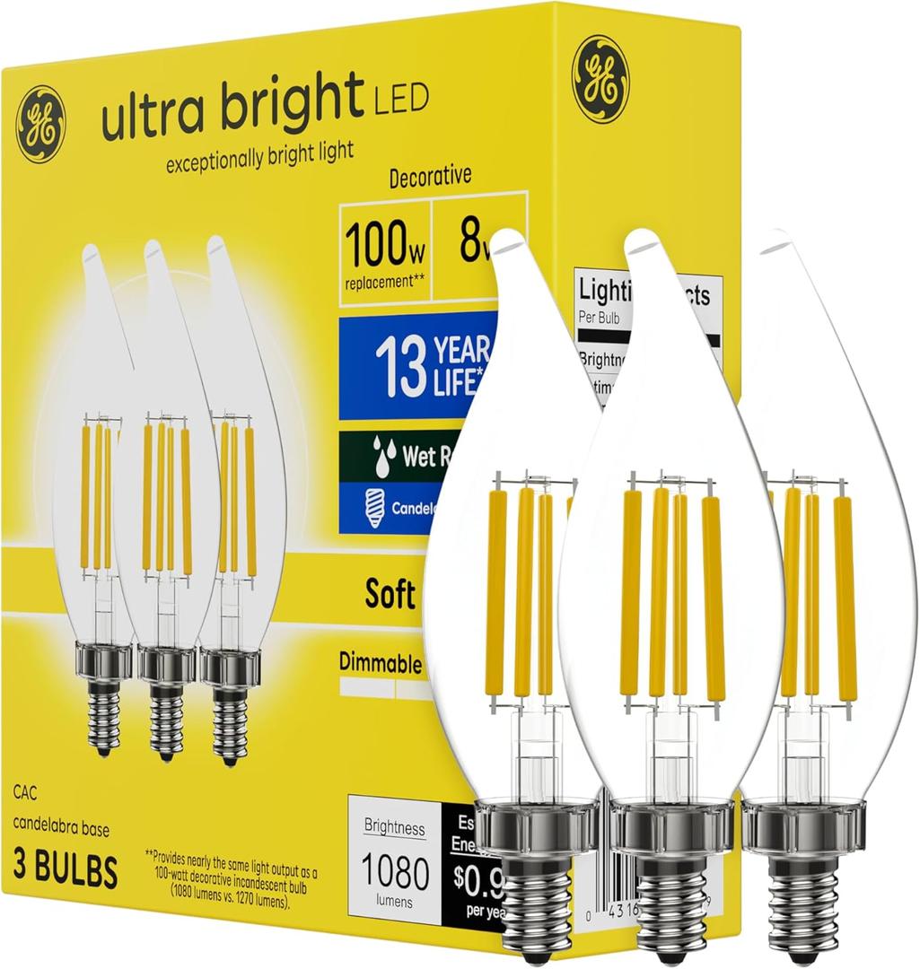 GE Ultra Bright LED Light Bulbs, 100W, Soft White Candle Lights, Clear Decorative CA12 Light Bulbs, Candelabara Base (3 Pack)
