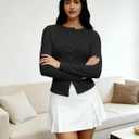 Women’s Ribbed Long Sleeve Tops Button Down Open Front Fall Going Out Button Up Slim Fit Casual Tops (Black, L)