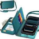 TUCCH Detachable Crossbody Wallet Case for iPhone 17 Pro Max (6.9"), 10 Card Slots RFID Blocking | Lanyard Wrist Strap | Wireless Charging | Zipper Pocket | PU Leather Stand Flip Cover | Bluish Green