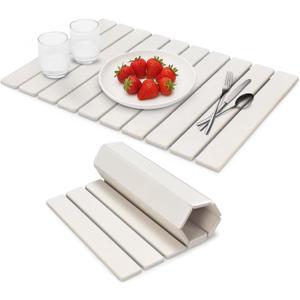 Stone Dish Drying Mat for Kitchen Counter  24" x 16" Foldable Diatomaceous Earth Mat, Quick Dry & Ultra Absorbent, Non-Slip Drying Pad for Dishes, Bottles, Cups  White Minimalist Design