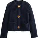 FindThy Womens Cropped Knit Cardigan Long Sleeve Crewneck Button Down Fall Sweater with Pockets (Blue)