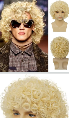 Mens Curly Light Blonde Afro Wig Short Fluffy Rocker Wigs Cosplay Costume Daily Hair Wig for Male Guys