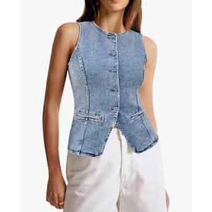 Tankaneo Womens Button Down Denim Vest Tops Sleeveless Fitted Jean Tank Tops Summer Trendy Casual Waistcoat, Size M