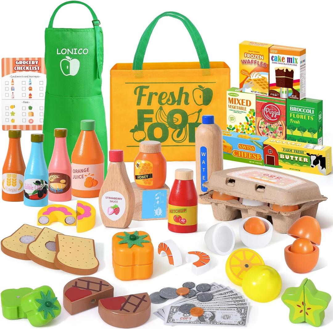 Lonico Wooden Play Food Toys for Kids, Market Grocery Store Toys with Snack & Shopping Bag & Apron for Toddlers, Pretend Play Kitchen Accessories Christmas Birthday Gift for Girls Boys 3 4 5 6