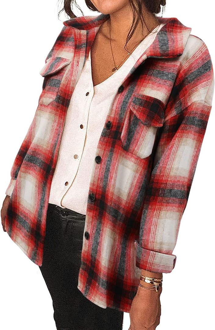 Shacket Jacket Women Flannel Shirt Long Sleeve Casual Plaid Regular Fit Button Down Top Red, Small